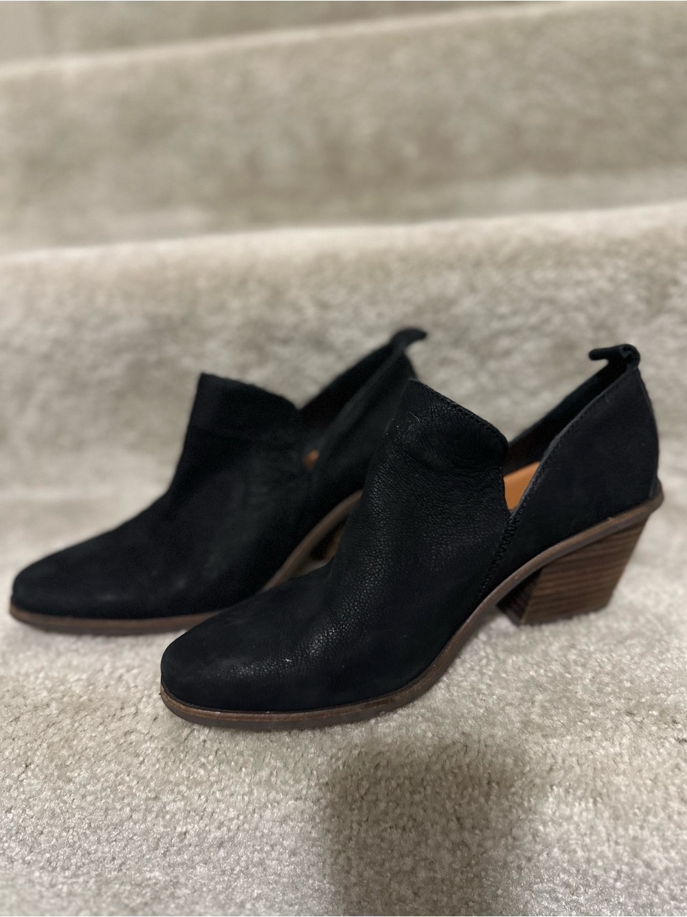 Lucky Brand Black Suede Stacked Heel Ankle Booties